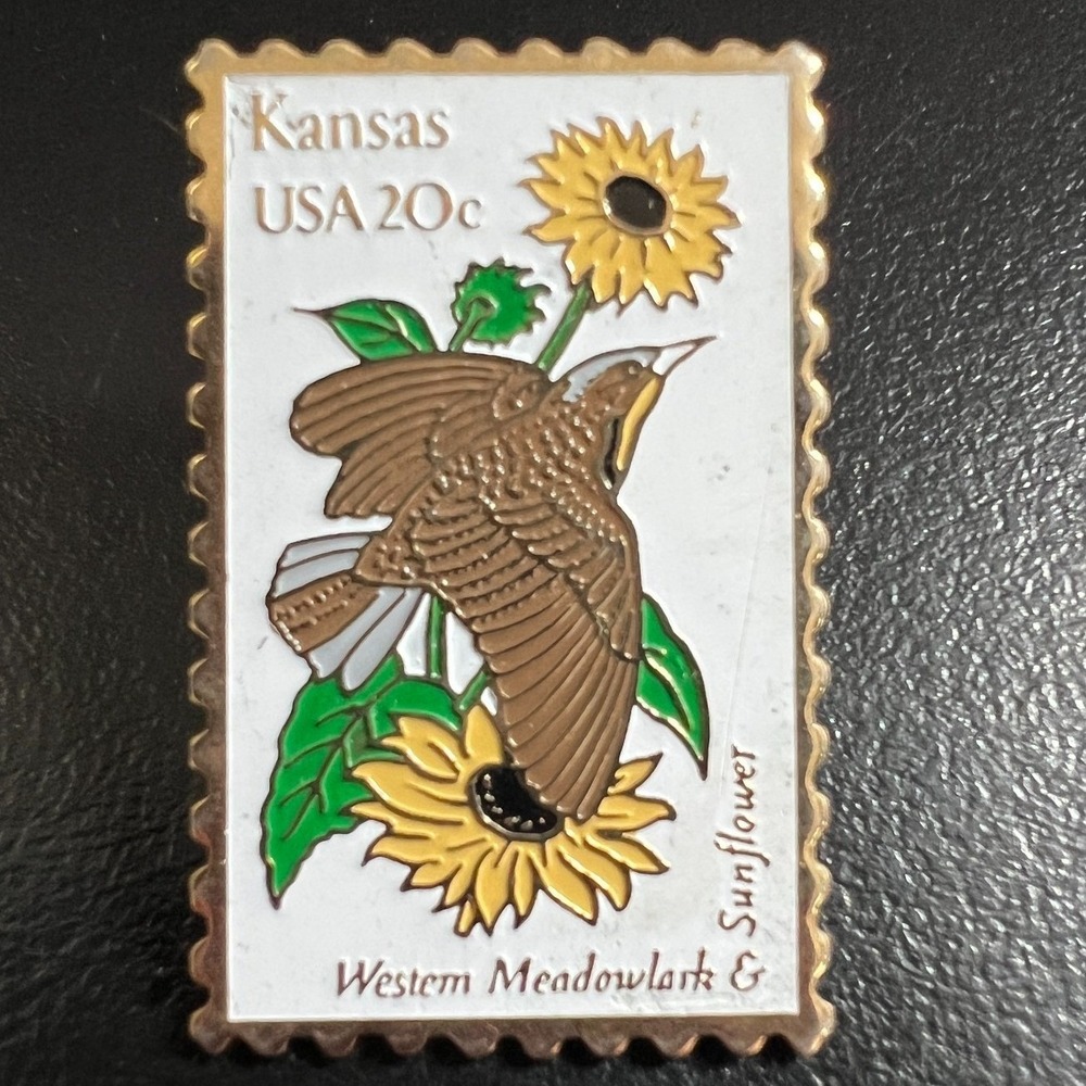 Vintage Kansas State Pin 1982 Postage Stamp Western Meadowlark Bird Sunflower